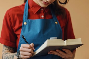 Naklejka premium A woman sits at a desk wearing an apron and writes in a book