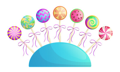 Colorful lollipops on a stick in a stand . The concept of sweet dishes, desserts and confectionery. Vector illustration on a white background for a poster, banner, postcard, advertisement.