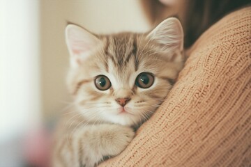 cute cat being held by a person in muted mocha brown sweater, candid
