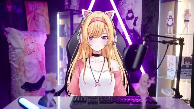 Cute 2D anime gamer girl vtuber streamer interacting from geeky merch room 4K