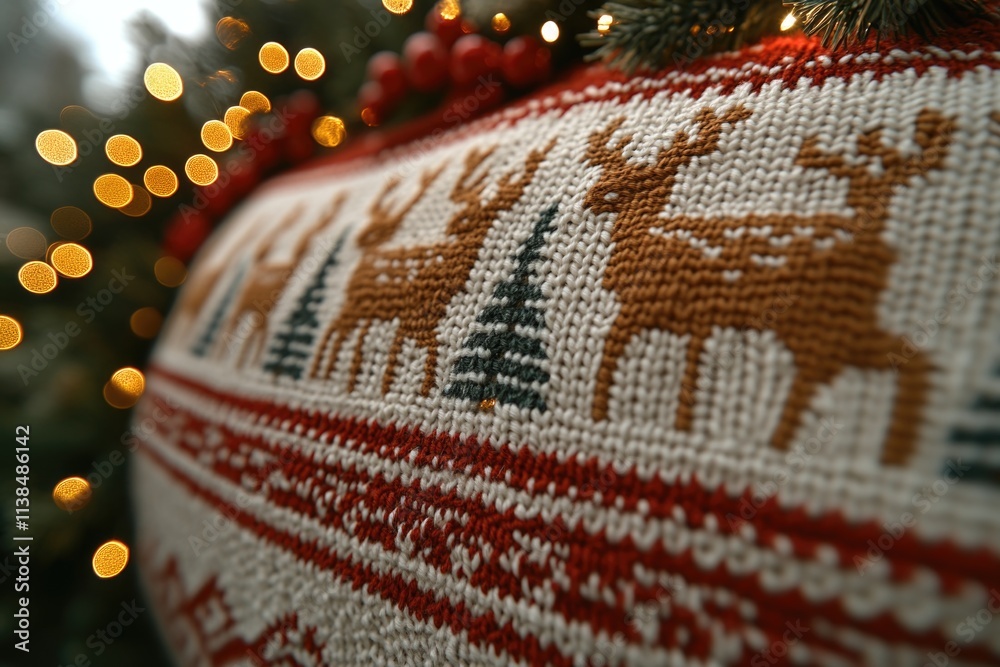 Poster close-up shot of a handmade knitted pillow with soft light in the background