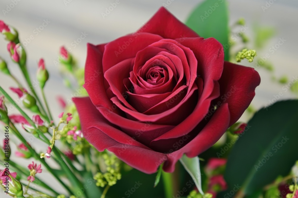 Poster A single red rose is placed in a clear glass vase, perfect for decorating tables or adding a touch of elegance to any room