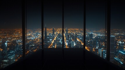 Fototapeta premium Night cityscape view from skyscraper window.