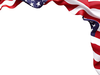 A border design made of flowing silk-like American flags, leaving a central space for text, isolated on a transparent background.