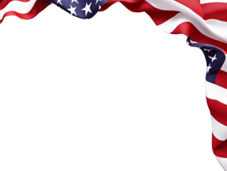 A border design made of flowing silk-like American flags, leaving a central space for text, isolated on a transparent background.