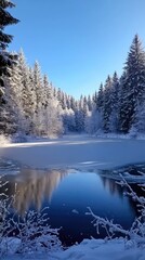 Tranquil Winter Landscape with Snow-Covered Trees Reflecting in a Frozen Lake Under a Clear Blue Sky, Perfect for Nature and Seasonal Themes