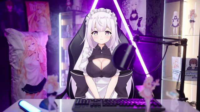 Cute 2D anime maid vtuber streamer interacting from geeky merch room 4K
