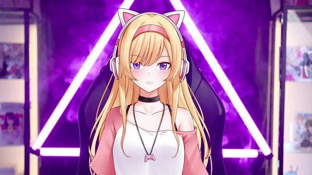 Cute 2D anime girl vtuber on gaming chair interact with viewers from pink room