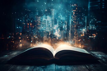 Enchanted book reveals a futuristic cityscape in a mystical atmosphere