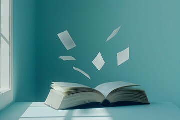 Open book with floating papers near bright window in a serene room