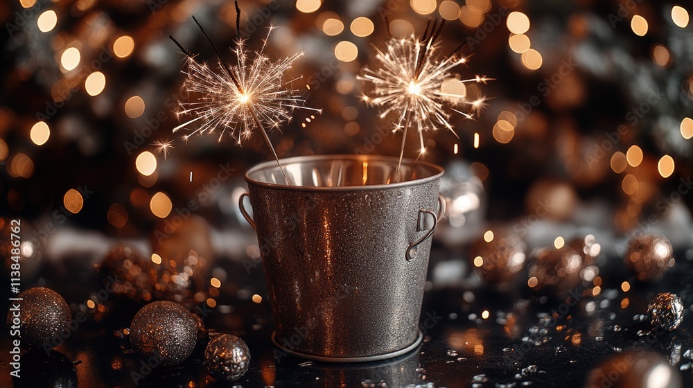 Poster a festive bucket filled with sparklers and placed next to a christmas tree