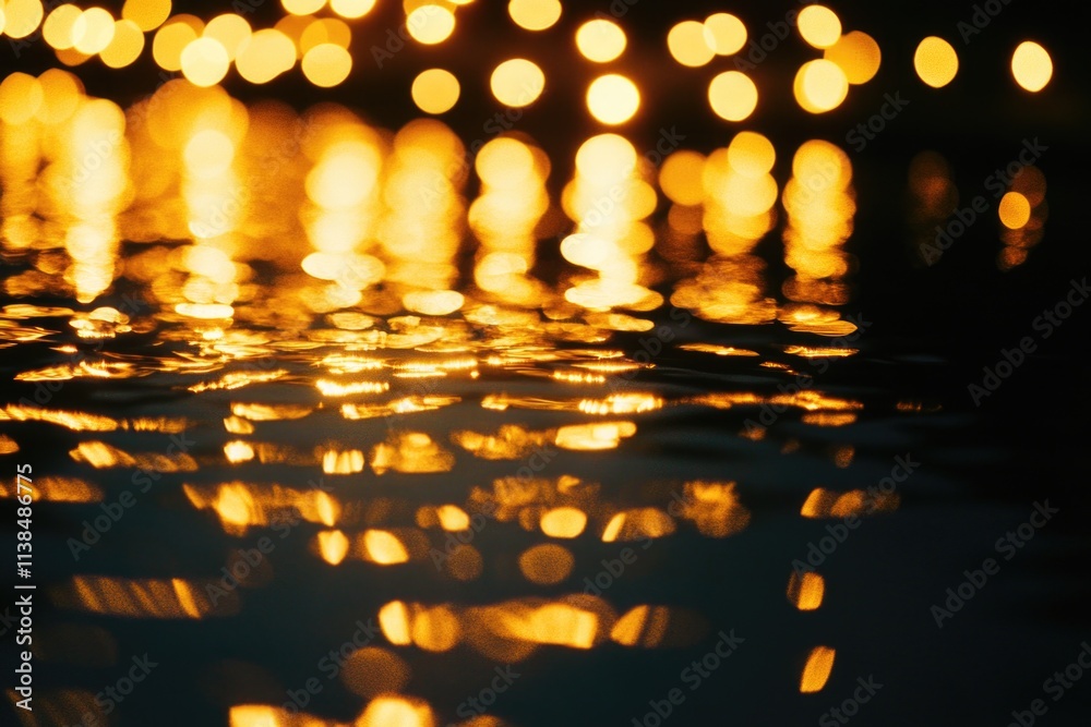 Poster close-up view of water's surface with lights shining in the background, great for various uses