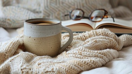 Cozy autumn scene coffee, book, glasses, knit sweater.