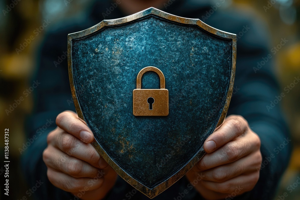 Poster a person holds a metal shield with a padlock, perfect for securing something or protecting an entran