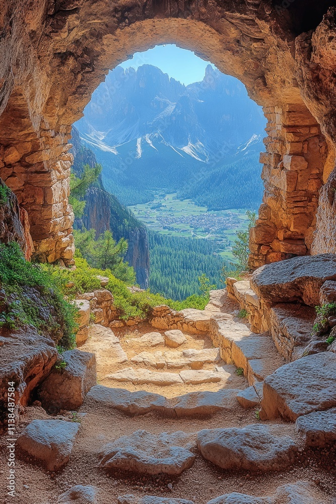 Poster a view of mountains from inside a cave