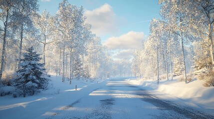 Obraz premium Winter road and trees covered with snow
