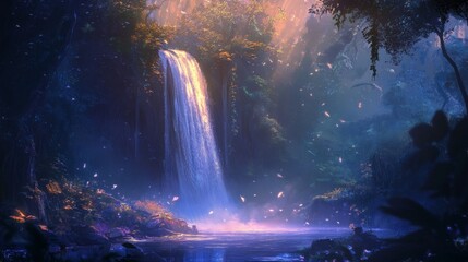 Fototapeta premium Waterfalls in a serene forest, mystical, fantasy, fairy tale, magical