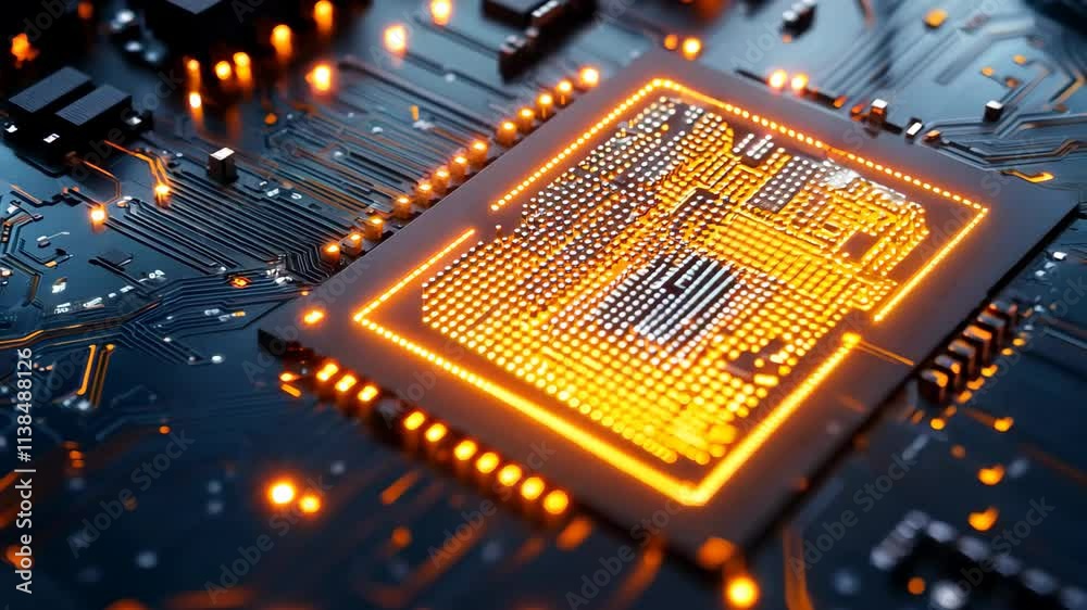 Poster closeup view of a circuit board featuring a glowing processor chip illuminated by orange lights, clo