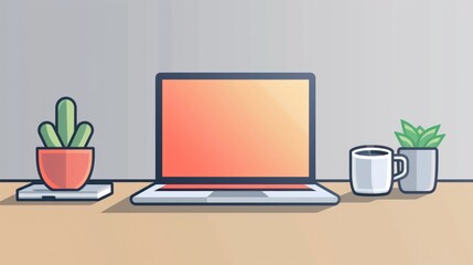 Laptop, plants, and coffee on a desk.