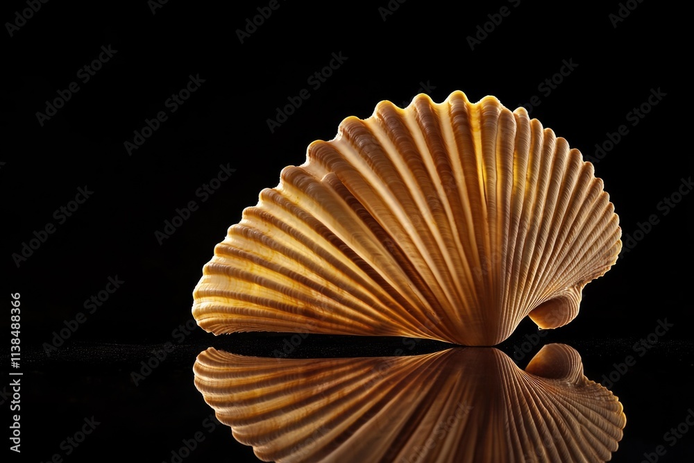 Poster close-up of a shell on a wooden or stone table, perfect for decoration or as a prop in photography a