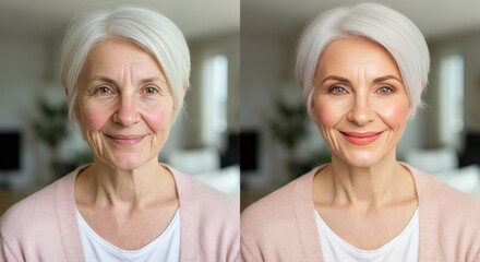 Transformation of mature caucasian woman's appearance with natural makeup and skincare enhancement