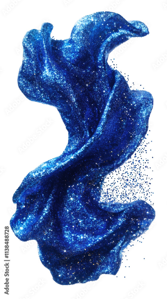 Poster dynamic shape formed by abstract blue glitter swirls on a transparent background, adding a touch of 