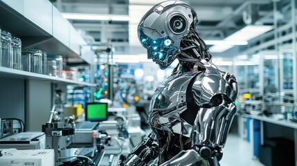 Futuristic Robot in High-Tech Laboratory with Advanced Technology, Sensors, and Machinery Creating Cutting-Edge Solutions and Innovations for Modern Science