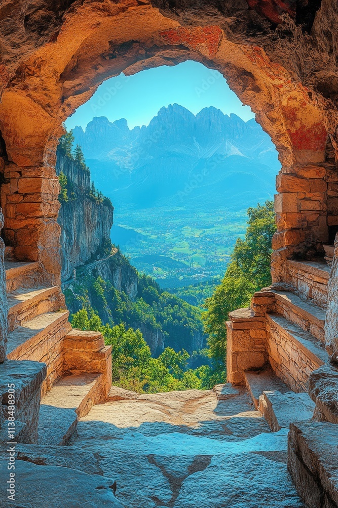 Poster a mountain landscape visible through a window, great for use as a background or in travel-related pr