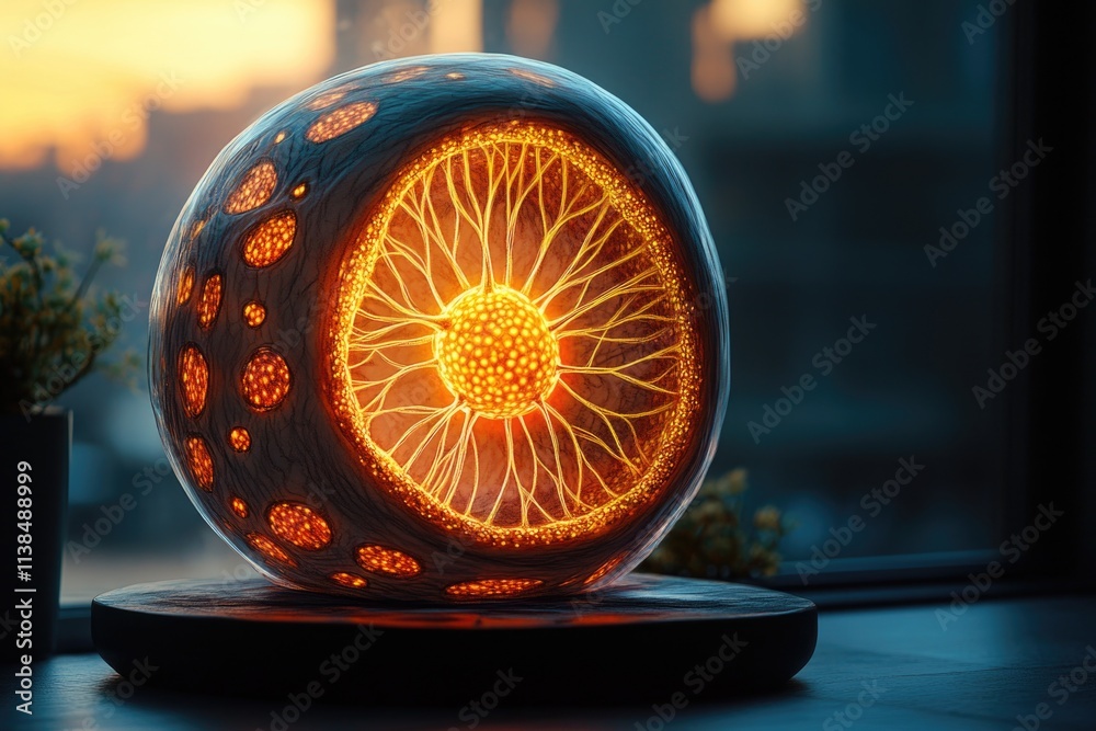 Poster a sphere emitting light sits on a flat surface, suitable for use in sci-fi or futuristic scenarios