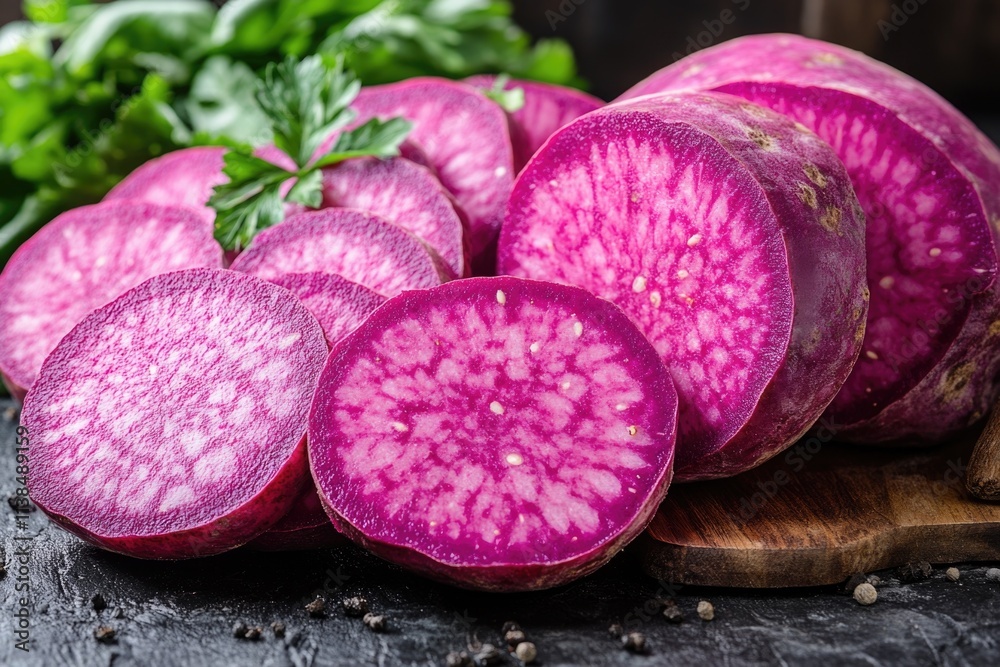 Poster close-up shot of sliced purple vegetables arranged on a cutting board, ideal for use in food or cook