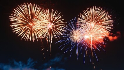 Vibrant golden and blue fireworks in the deep black night sky, perfect for festive new year celebration and holiday banner designs.