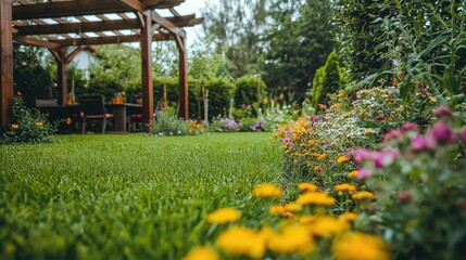 Beautiful Garden Landscape with Colorful Flowers and Pergola Surrounded by Lush Green Grass in a Peaceful Outdoor Setting Ideal for Relaxation and Enjoyment