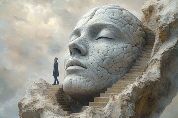A person ascending steps near a large, mysterious skull