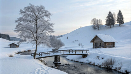 The calm winter landscape is a snow-covered bridge spanning a narrow stream with wooden houses on both sides. The trees are adorned with hoar frost, and snowy hills stretch into the distance. AI gener