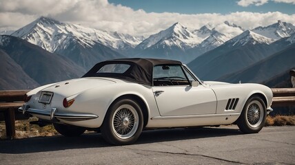 Classic White Convertible Against Majestic Snowy Mountain Range