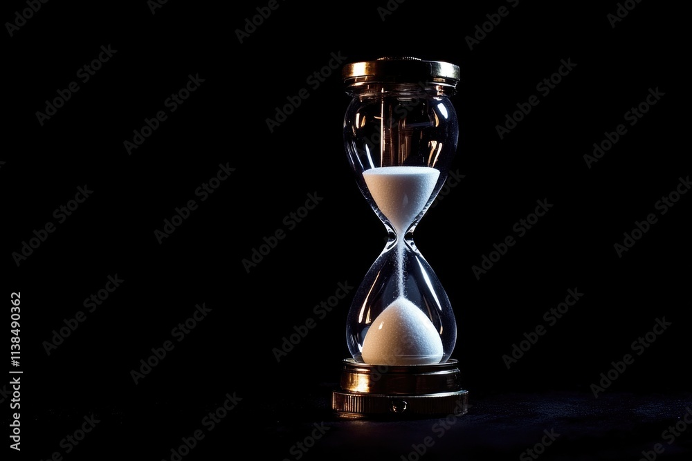 Poster an hourglass with white sand flowing down against a dark black background, perfect for representing 