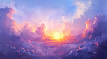 Naklejka premium Celestial sunset with sun rays and colorful clouds, digital painting, cloudy sky, sunrise, heavenly , sunset, clouds. Heavenly. Illustration