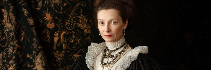 A beautiful lady poses in intricate attire, exuding elegance and sophistication from historical fashion.
