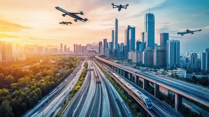 Fototapeta premium A high-speed train concept traveling along elevated transparent tracks with a futuristic city skyline full of flying vehicles and energy-efficient