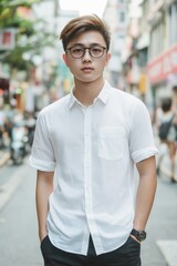 Fototapeta premium A stylish young man poses confidently in a bustling city scene.