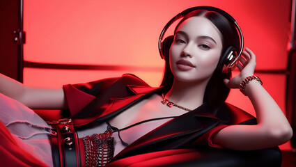 Fashion pretty woman with headphones listening to music over red neon background at studio, Generative AI