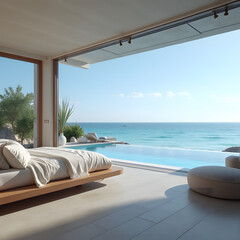 Fototapeta premium Sea view terrace and bed in modern luxury beach house with blue sky background