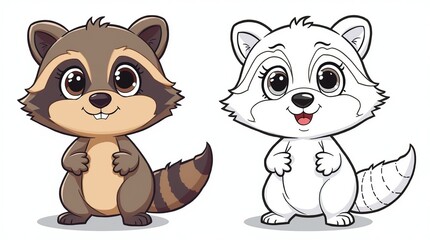 Obraz premium Adorable Cartoon Raccoon Character in Color and Outline Versions