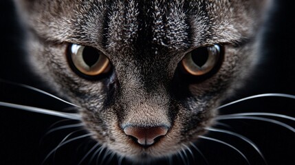 Intense Gaze: Close-up of a tabby cat's piercing eyes, whiskers prominent against a dark background. A captivating portrait that evokes a sense of mystery and feline power. 