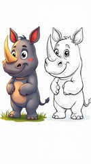 Adorable Rhino Cartoon Characters in Colorful and Outline Versions