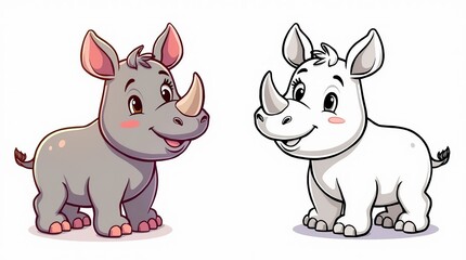 Obraz premium Adorable Cartoon Rhinos in Color and Black-and-White Versions