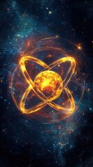 Stunning Digital Illustration of an Atom with Fiery Core and Glowing Orbiting Electrons Against a Cosmic Background of Stars and Galaxies