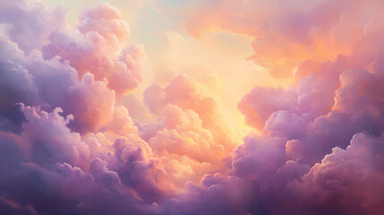 Ethereal cloudscape with soft billowing pastel clouds in shades of pink lavender and peach dreamy sky background with subtle light rays filtering through. Heavenly. Illustration