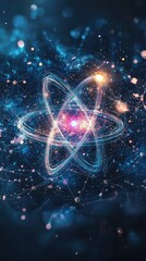 Fototapeta premium Abstract Representation of Atomic Structure with Colorful Energetic Particles and Light Effects in a Deep Space Theme for Science and Technology Concepts