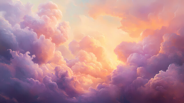Ethereal cloudscape with soft billowing pastel clouds in shades of pink lavender and peach dreamy sky background with subtle light rays filtering through. Heavenly. Illustration